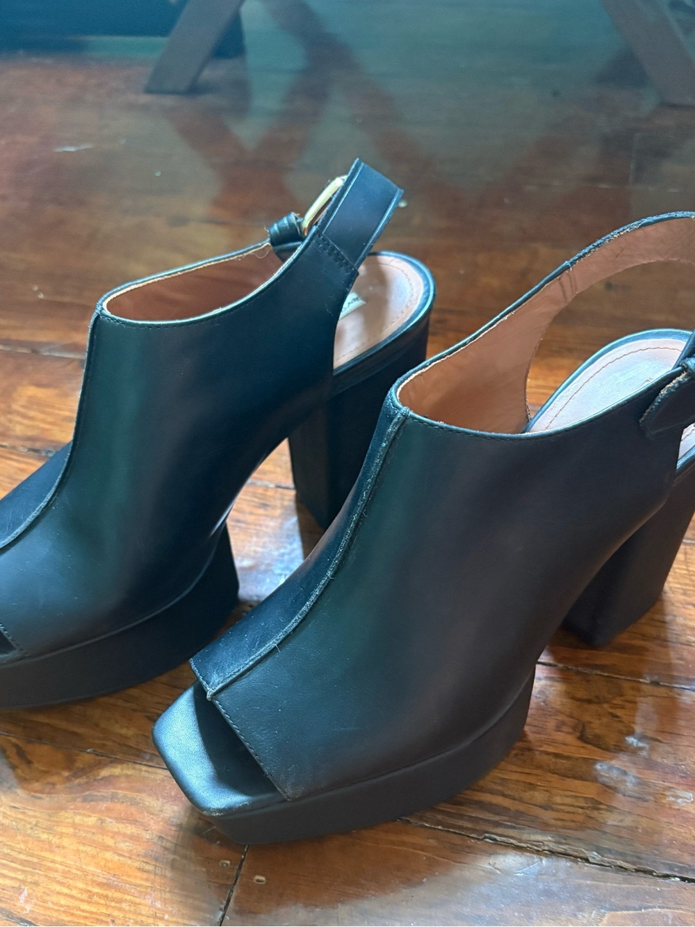 & Other Stories Black Leather Platform Peep-Toe Slingback Block Heels